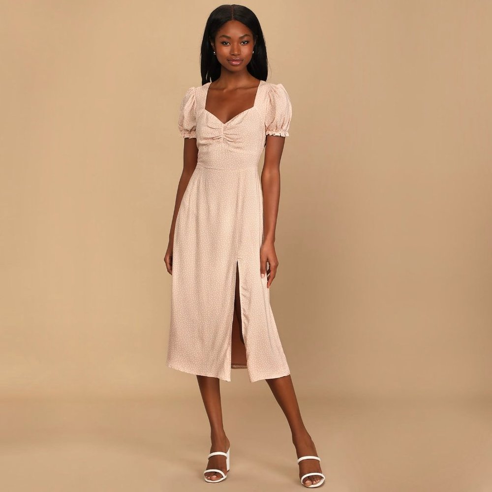 Lulu's Spot Me Blush Polka Dot Short Sleeve Midi Dress